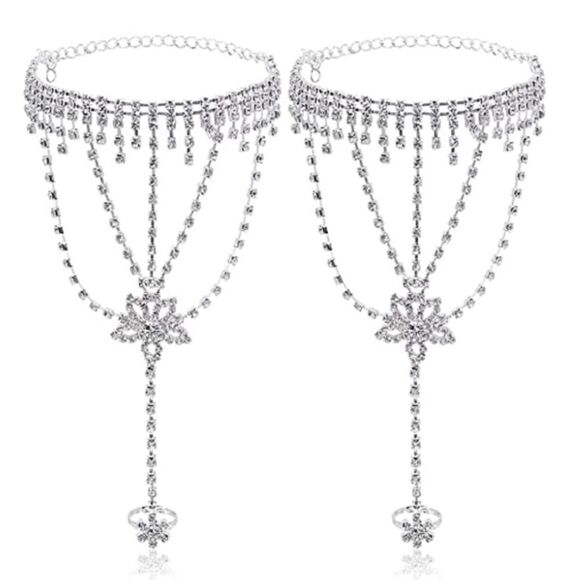 Silver & Diamond Austrian Crystal Art Deco Style Anklet Foot Chains - Set of 2 - Picture 2 of 6